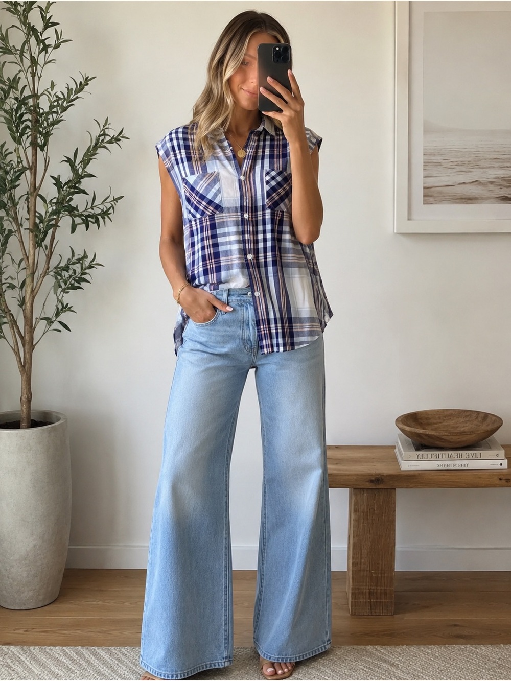 Rails Small Blue Pink Plaid Sleeveless Button Front Shirt Blouse